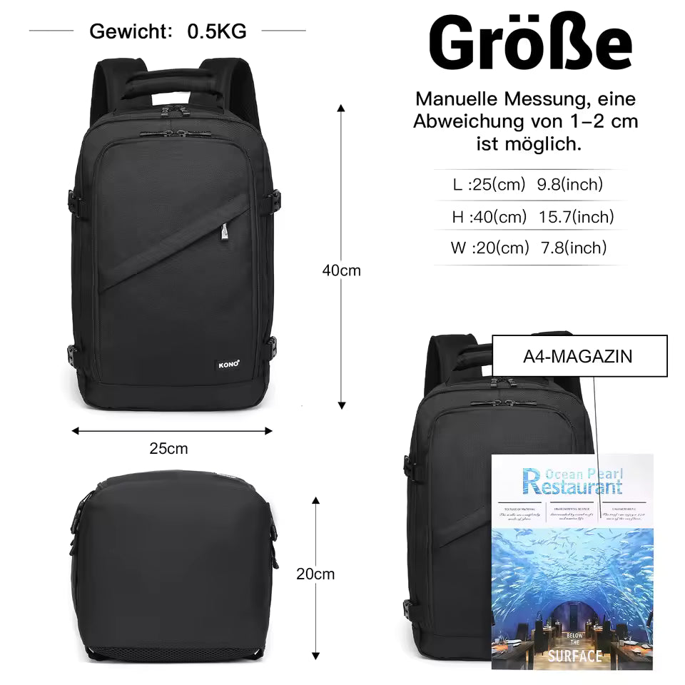 Kono Kabinentasche 40x20x25 cm für Ryanair Untersitz Handgepäck Rucksack, Kabinengröße 20L, Schwarz, Minimalistisch Mağazam