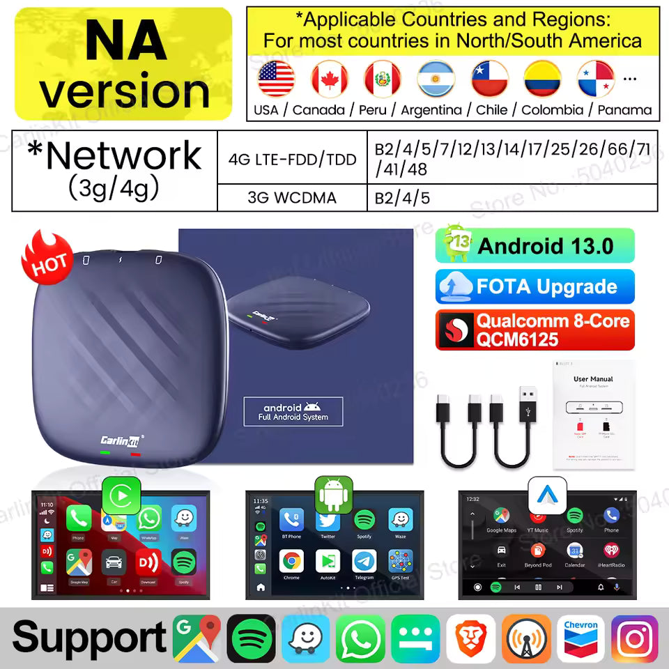 CarlinKit 8G+128G Android 13 CarPlay TV AI Box Qualcomm 8-Cores Wireless Android Auto CarPlay Video Box FOTA Upgrade für Netflix Mağazam