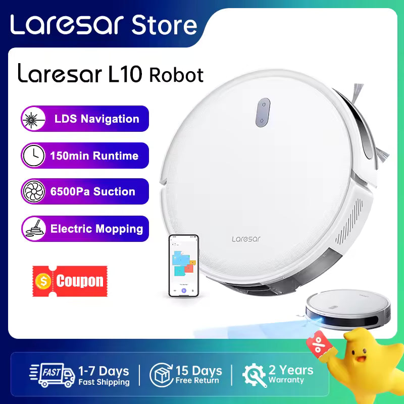 Laresar L10 SoF LiDAR Staubsauger-Roboter Wischmopp 6500Pa 150min Kabellos APP-Steuerung Intelligentes LDS Geplante Reinigung von Böden und Teppichen 