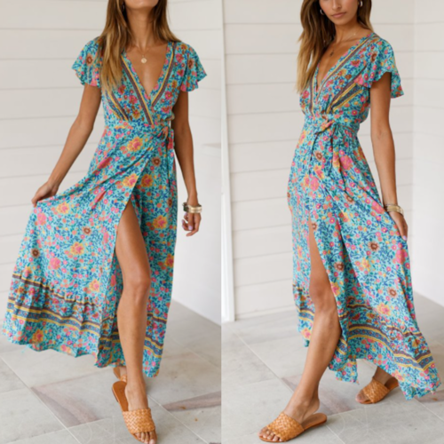 Womens Wrap Style V Neck Floral Maxi Dress - Mağazam