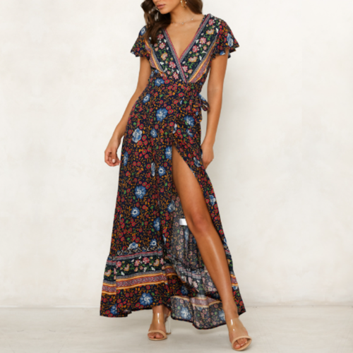 Womens Wrap Style V Neck Floral Maxi Dress - Mağazam
