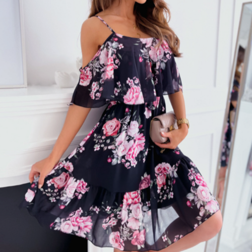 Women Cold Shoulder Ruffle Chiffon Beach Dress - Mağazam