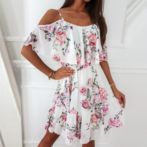 Women Cold Shoulder Ruffle Chiffon Beach Dress - Mağazam