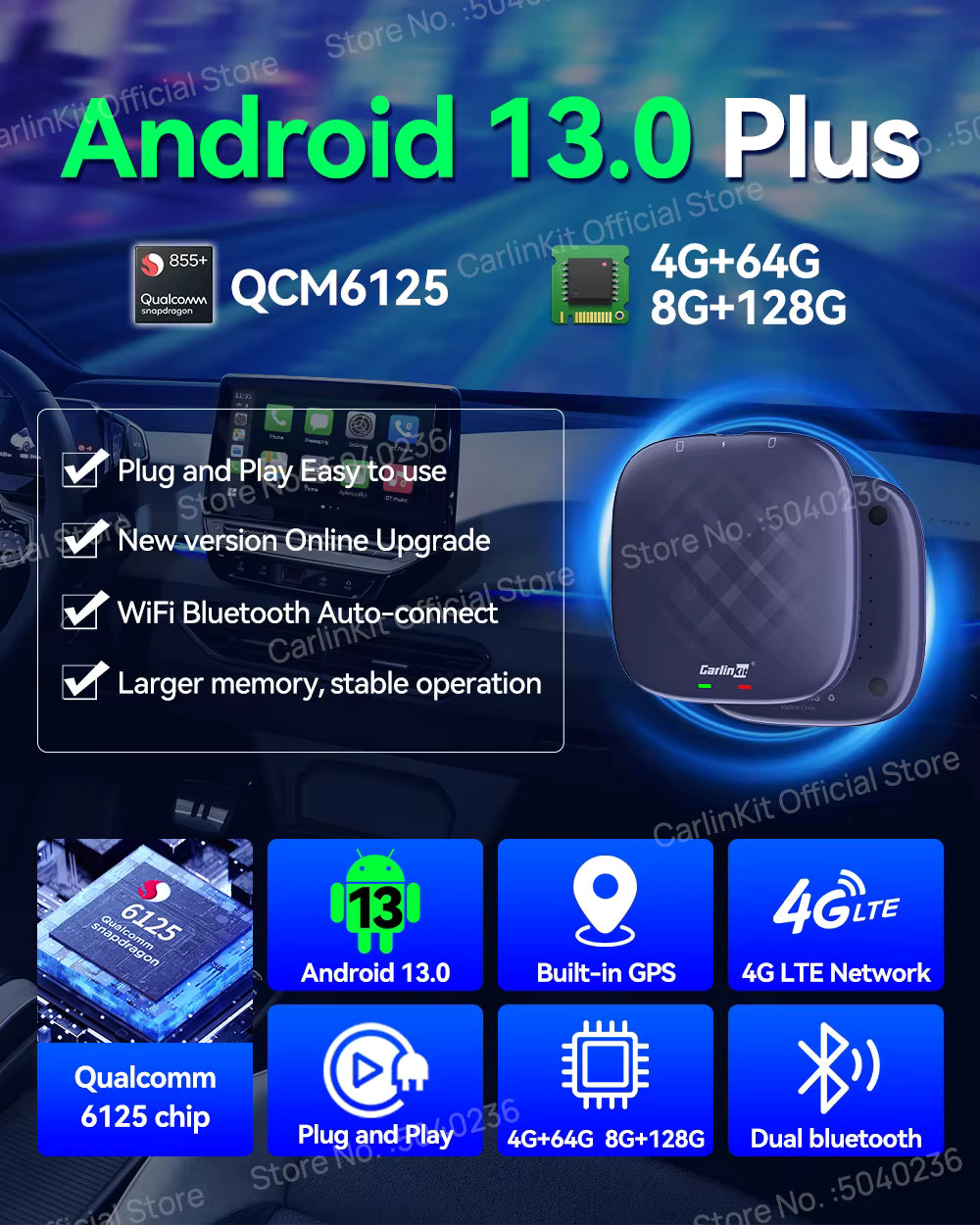 CarlinKit 8G+128G Android 13 CarPlay TV AI Box Qualcomm 8-Cores Wireless Android Auto CarPlay Video Box FOTA Upgrade für Netflix Mağazam