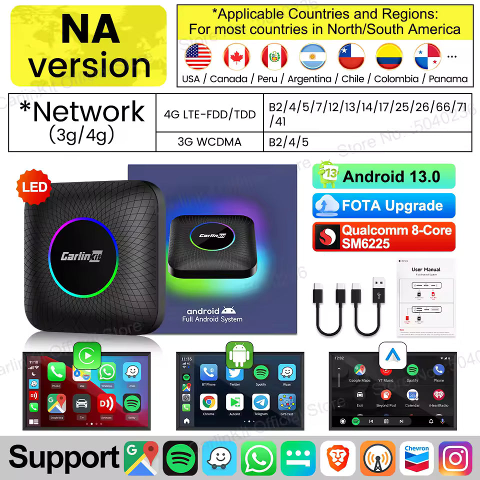 CarlinKit 8G+128G Android 13 CarPlay TV AI Box Qualcomm 8-Cores Wireless Android Auto CarPlay Video Box FOTA Upgrade für Netflix Mağazam
