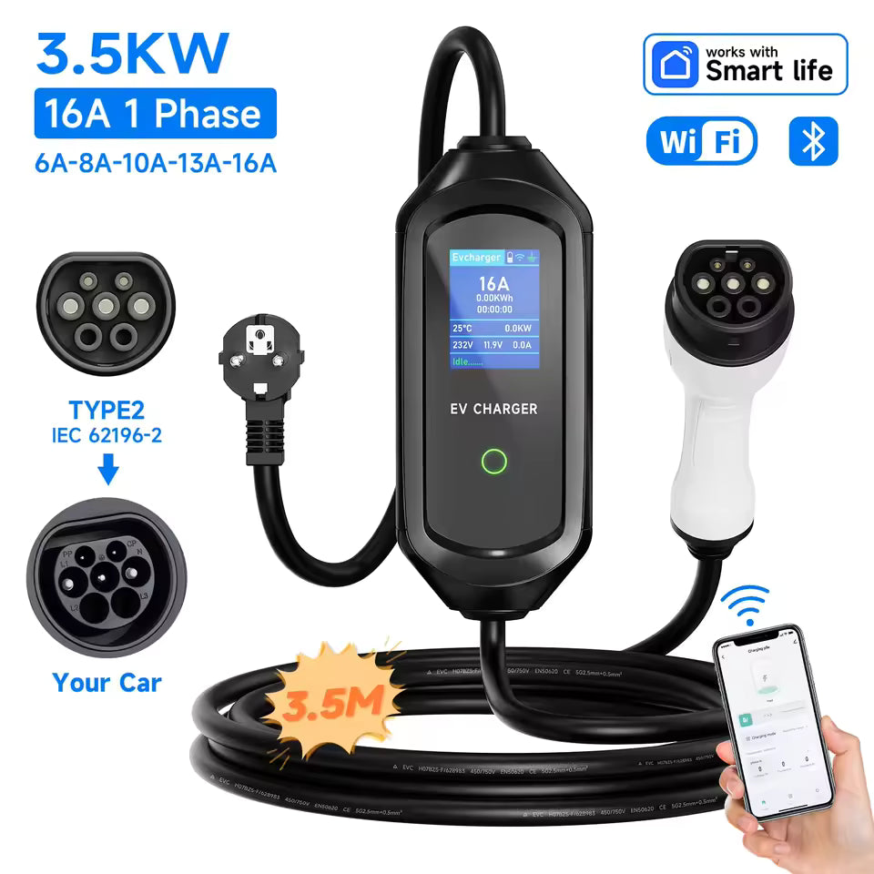 AFEEV 3,5/7 kW tragbares EV-Ladegerät Typ2 IEC62196-2 Elektroauto-Ladegerät 16 A EVSE Schnellladekabel WiFi APP Bluetooth-Steuerung Mağazam