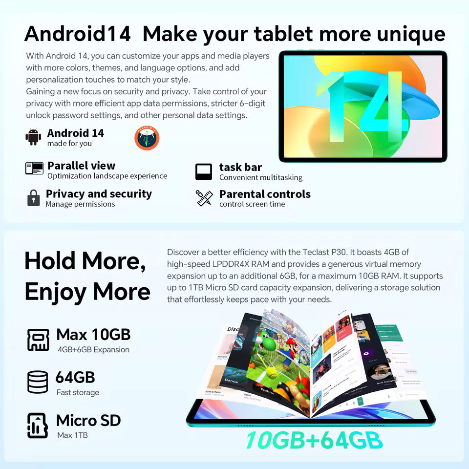 Teclast P30 Android 14 Tablet, UNISOC T606 Octa Core, 10,1" IPS, max. 12 GB RAM, 128 GB ROM, 6000 mAh, 5 MP AI-Kamera, Gesichtsentriegelung
