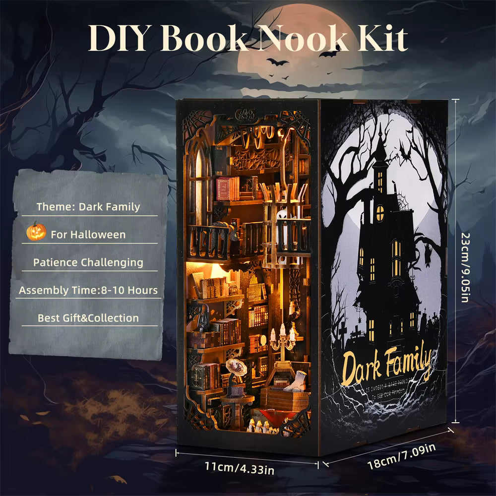 Book Nook Kit Dark Family DIY Holzpuzzle Gothic-Stil Halloween Bücherregal Puppenhaus Modell Buchstütze Gebäude Heimdekoration Mağazam
