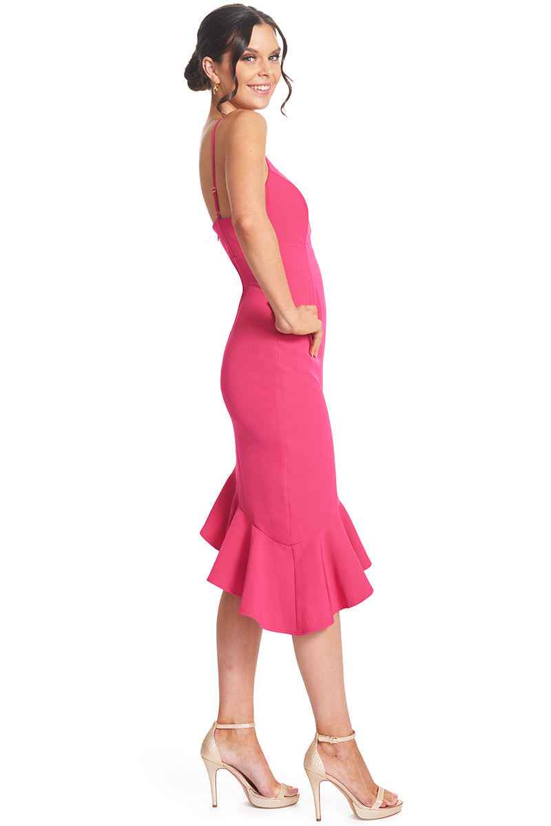 Rufflin' Round Dress - Fuchsia Ruffle Hem Midi Asymmetric Cocktail