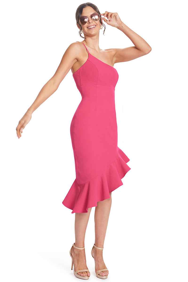 Rufflin' Round Dress - Fuchsia Ruffle Hem Midi Asymmetric Cocktail