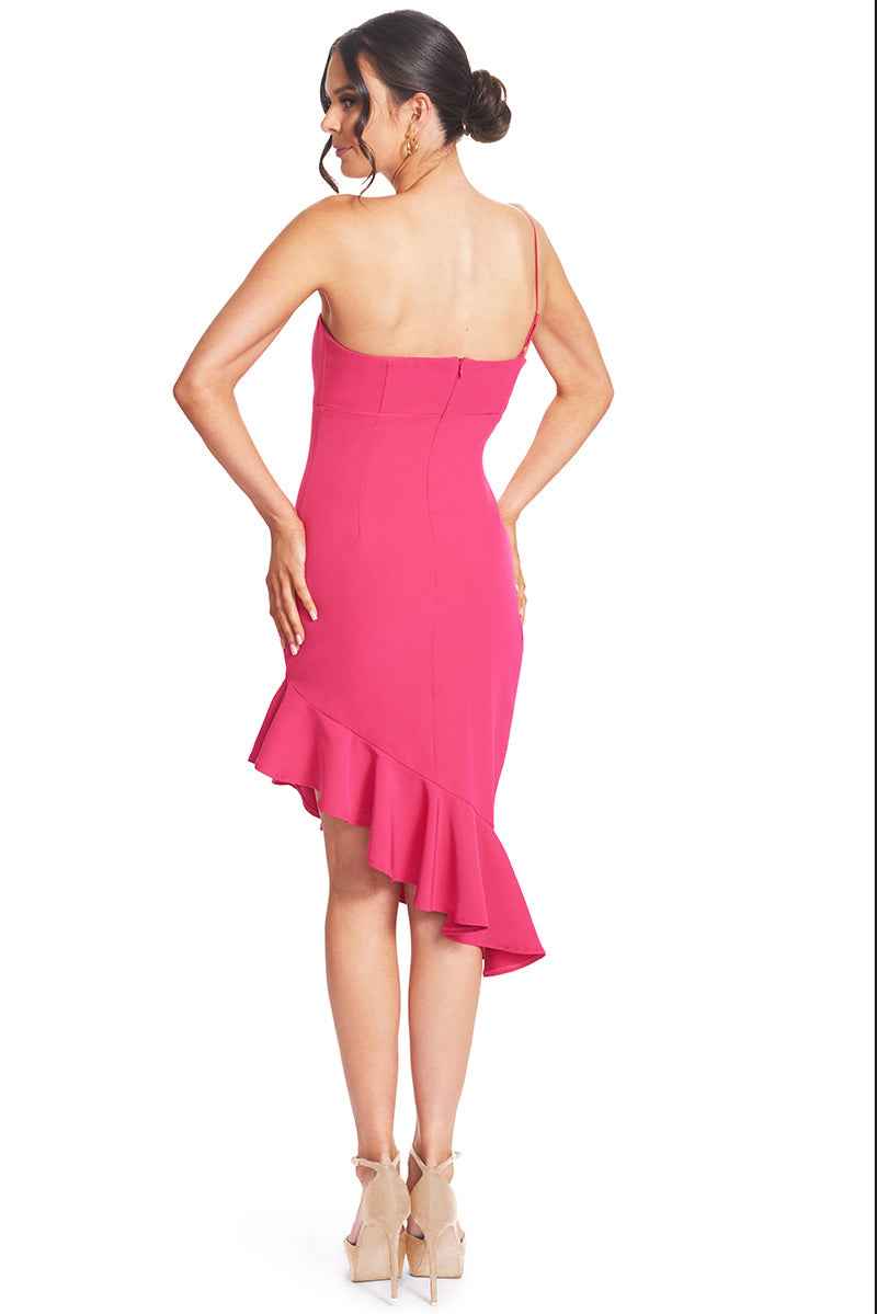 Rufflin' Round Dress - Fuchsia Ruffle Hem Midi Asymmetric Cocktail