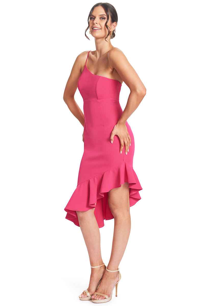 Rufflin' Round Dress - Fuchsia Ruffle Hem Midi Asymmetric Cocktail
