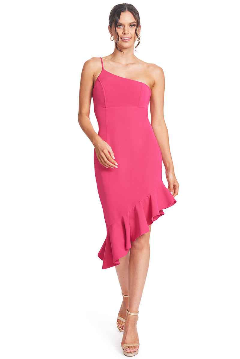 Rufflin' Round Dress - Fuchsia Ruffle Hem Midi Asymmetric Cocktail