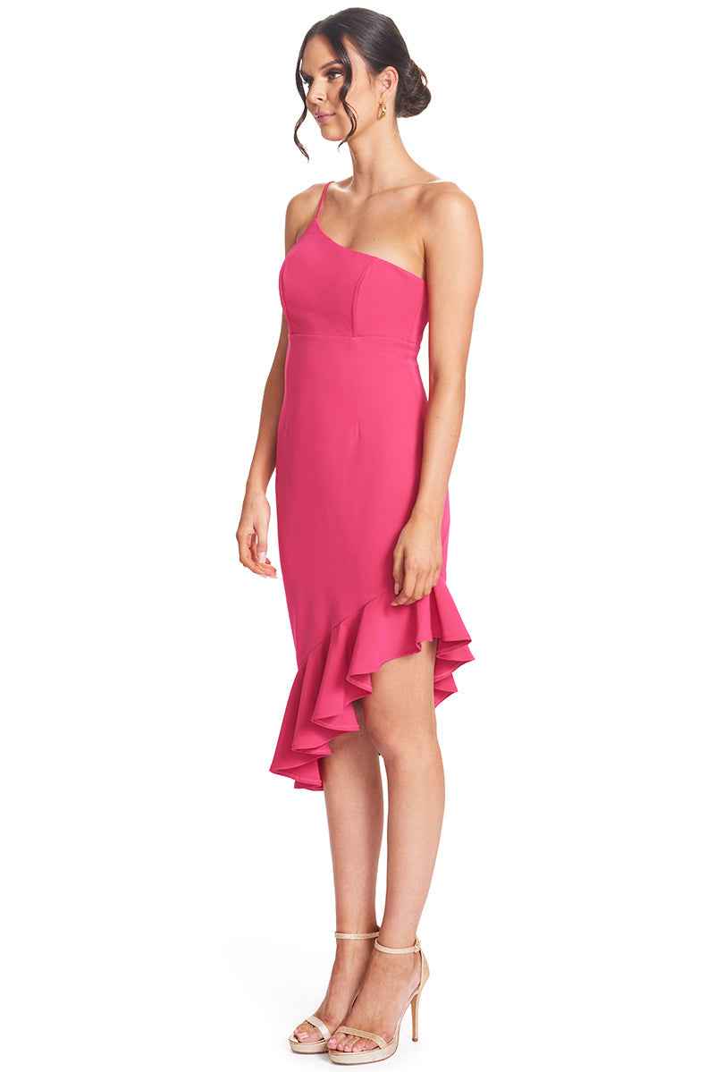 Rufflin' Round Dress - Fuchsia Ruffle Hem Midi Asymmetric Cocktail