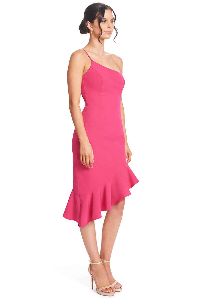 Rufflin' Round Dress - Fuchsia Ruffle Hem Midi Asymmetric Cocktail