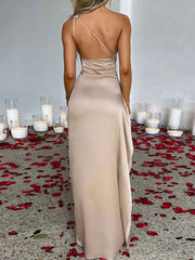 One Shoulder Satin Dress : High Slit