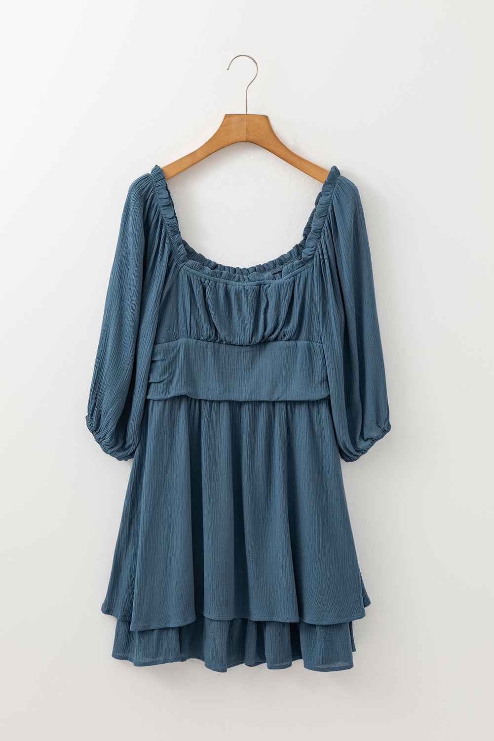 Solid Ruched Frilled Neck 3/4 Sleeve Dress