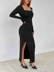 Square Neck Long Sleeve Slit : Bodycon Maxi Dress