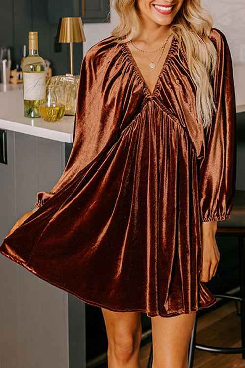 Velvet Elastic V-Neck Puff Sleeve Mini Dress