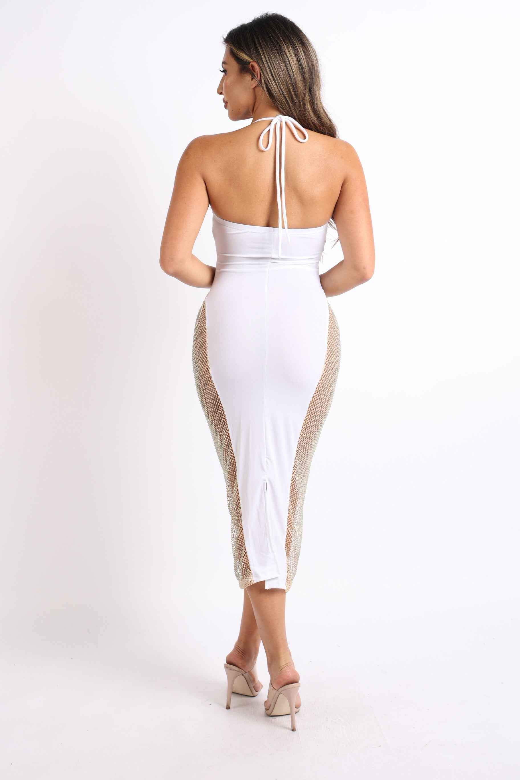 Sexy Cut Out Rhinestone Fishnet Contrast Clubwear Party Dress WHITE