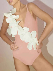 Contrast Flower Spaghetti Strap: One-Piece Swimwear