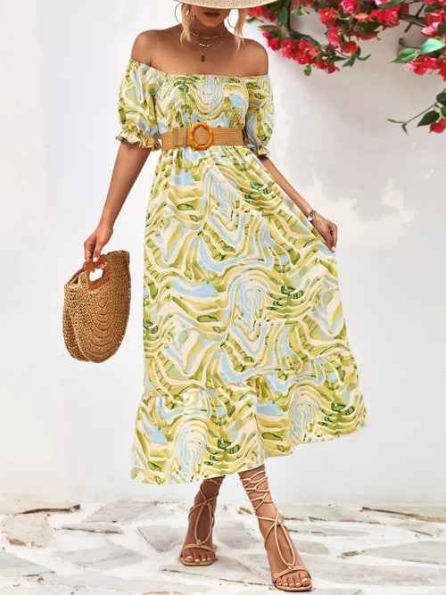Smocked Printed Puff Sleeve : Midi Dress