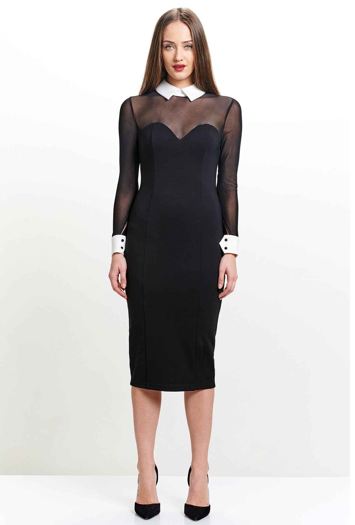 Tuxedo Illusion Sheath Dress - Long Sleeve Midi Dress, Black & White