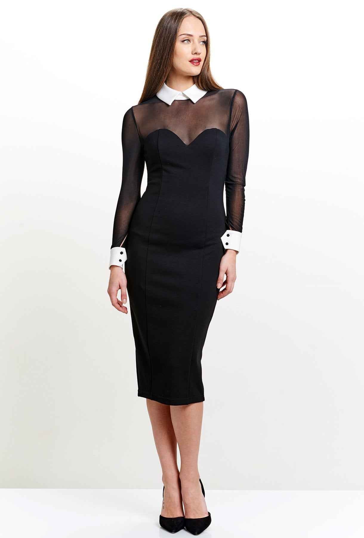 Tuxedo Illusion Sheath Dress - Long Sleeve Midi Dress, Black & White