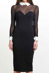 Tuxedo Illusion Sheath Dress - Long Sleeve Midi Dress, Black & White