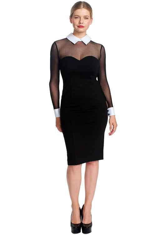 Tuxedo Illusion Sheath Dress - Long Sleeve Midi Dress, Black & White