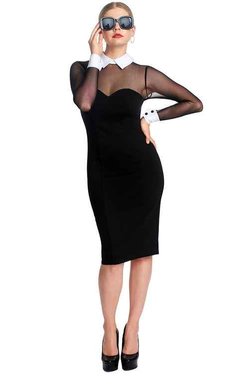 Tuxedo Illusion Sheath Dress - Long Sleeve Midi Dress, Black & White