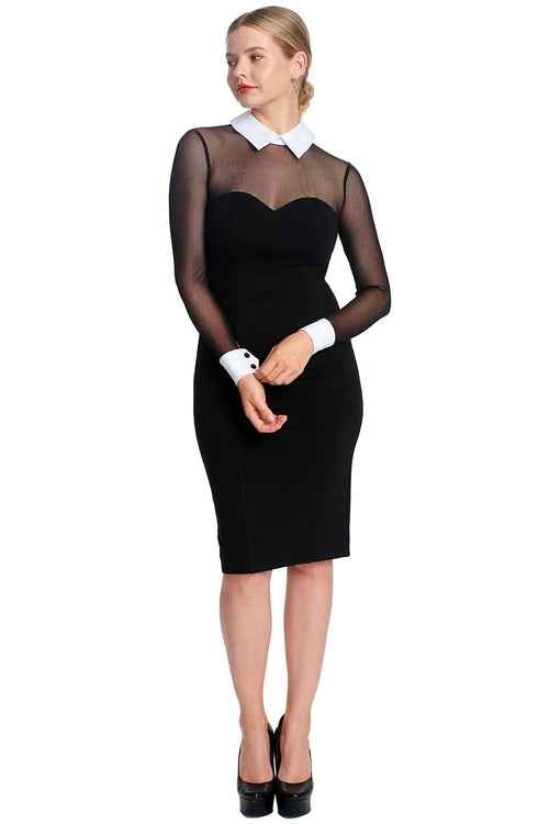 Tuxedo Illusion Sheath Dress - Long Sleeve Midi Dress, Black & White