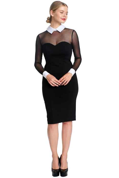 Tuxedo Illusion Sheath Dress - Long Sleeve Midi Dress, Black & White