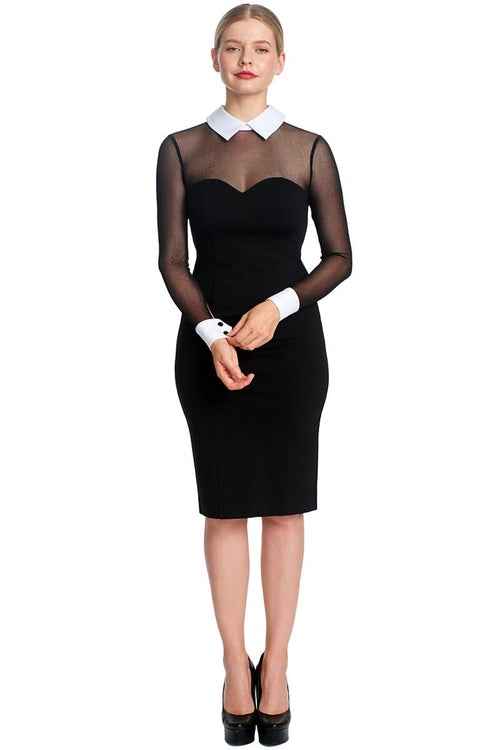 Tuxedo Illusion Sheath Dress - Long Sleeve Midi Dress, Black & White