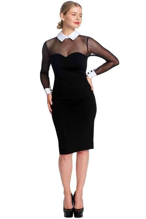 Tuxedo Illusion Sheath Dress - Long Sleeve Midi Dress, Black & White